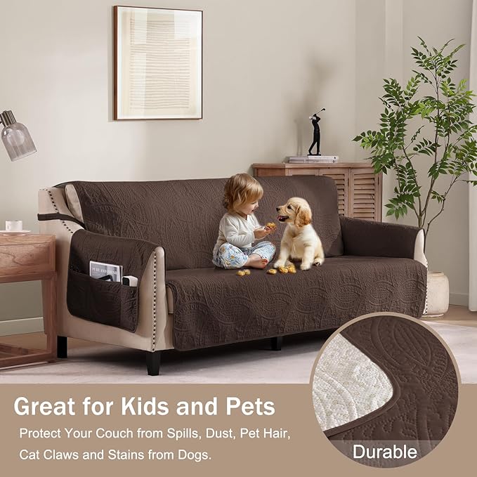 Soft Couch Cover with Pockets for Extra-Large Sofa, Medallion Quilted Design Couch Covers for 3 Cushion Sofa, Oversized Sofa Covers Washable Water-Repellent (X-Large Sofa 78", Chocolate)