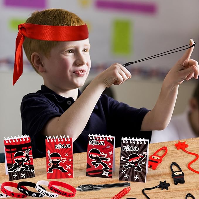 12Set Ninja Party Favors Birthday Supplies for Kids Boys, Ninja Spiral Notepads Invisible Ink Pens Stars Slingshots Stretchy Flying Ninjas Silicone Bracelets Ninja Toys Gifts Ninja Party Supplies
