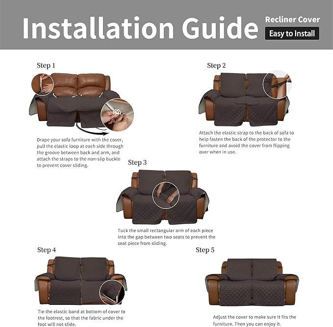 Easy-Going Oversized Loveseat Recliner Cover, Reversible Couch Cover for Double Recliner, Split Sofa Cover for Each Seat with Elastic Straps for Dogs, Pets(Oversized 2 Seater, Chocolate/Beige)