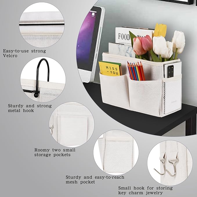 Bedside Caddy White Bedside Hanging Storage Basket Bed Caddy for Headboards Bunk Dorm Rooms Crib Beds Rails Organizer (White)
