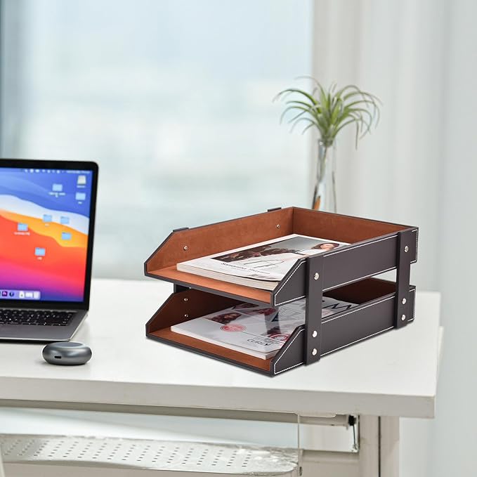 XNONE Leather Desk Organizer,2-Tier Stackable Letter Tray Holder,Office Supplies Desktop Storage Box for Document,Stationery,Magazines,Newspapers,Letters and Other Home Office Paper Sundries,Coffee