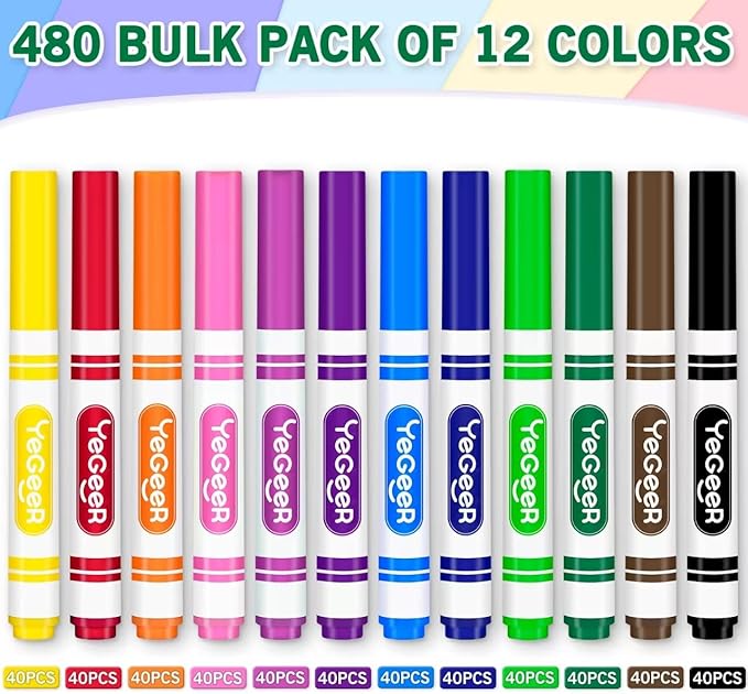 480 Count Washable Markers Bulk – 12 Assorted Colors, Broad Tip Markers for Kids, Teachers, and Classroom Supplies, Perfect for Art and Coloring.