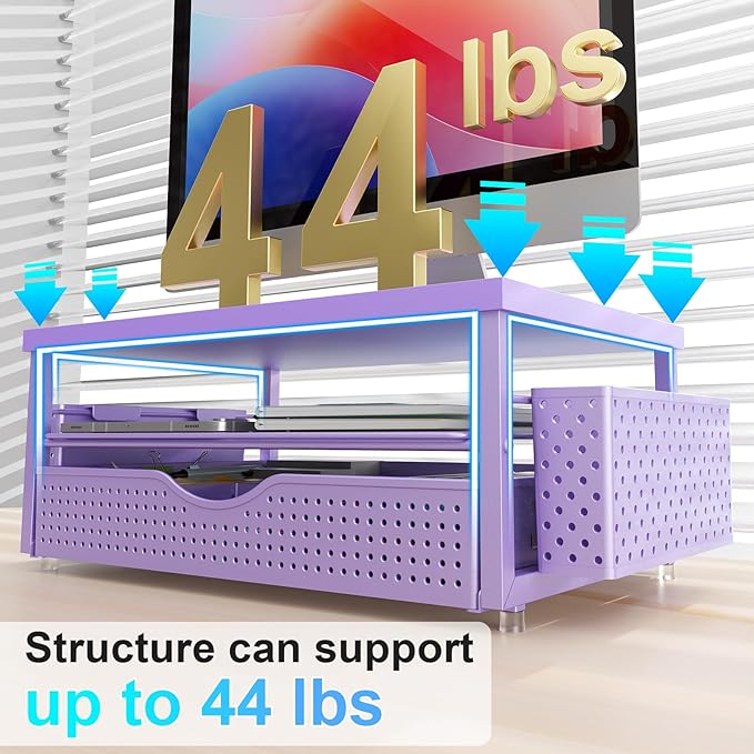 gianotter Wood Monitor Stand Riser, Desk Organizer with Drawer and 2 Pen Holders, 2-Tier Workspace Organizer for Office Supplies (Purple Wood)