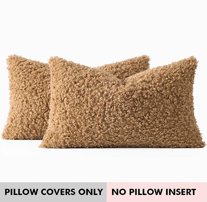 Woaboy Faux Fur Throw Pillow Covers 20x12 Inch Set of 2 Boucle Neutral Decorative Lumbar Sherpa Fuzzy Accent Soft Sheepskin Fleece Cushions Modern Home Decor for Sofa Bedroom Living Room,Light Brown