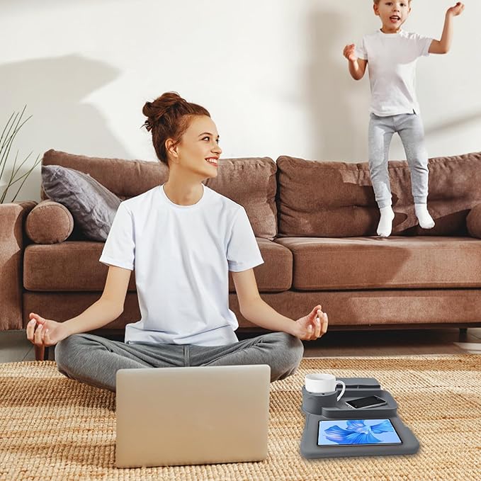 Couch Cup Holder Tray, Silicone Sofa Armrest organizer with Assesory Side Pockets for storage Remotes, Cell-phone,Tablet or Snack, Anti-Spill and Anti-Slip Couch Drink Holder Caddy(Gray)