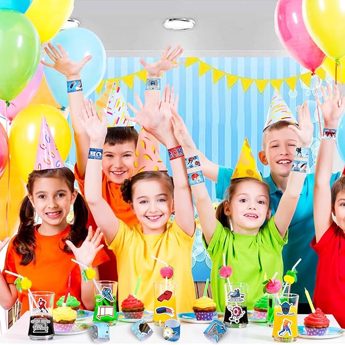 74 PCS Ice Hockey Party Favors, 24 PCS Ice Hockey Slap Bracelets 50 PCS Ice Hockey Stickers Ice Hockey Birthday Party Decorations Supplies Gifts for Kids Classroom Rewards