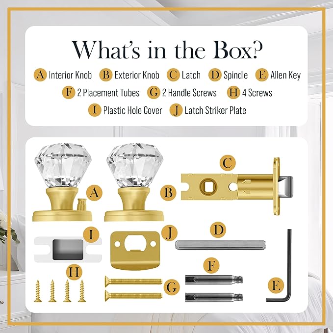 Crystal Door Knob with Lock, Glass Door Knobs Interior Privacy/Passage Set, Vintage Decorative Antique Style Handle for Bedroom, Bathroom, Closet (Gold, Privacy Function - 1 Pack)