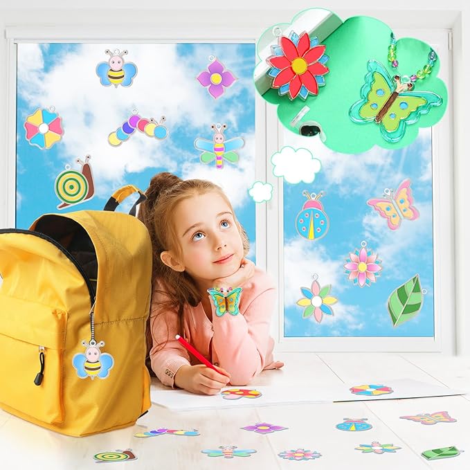 Leitee 24 Sets Spring Suncatchers Ornaments Decorations DIY Window Paint Art Suncatchers Kits Butterfly Flower Craft Hanging Snowflake Sun Catchers for Spring Summer Home Classroom Activities