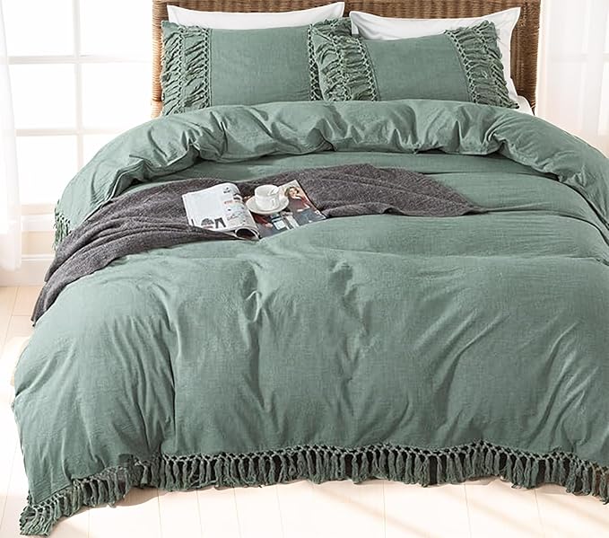 Helthep Vintage 100% Washed Cotton Tassel Queen Size Bedding Set Dark Sage Green 3Pcs Duvet Cover Set Fringed Boho Hidden Zipper Closure Soft Breathable Green Comforter Cover w Tassels