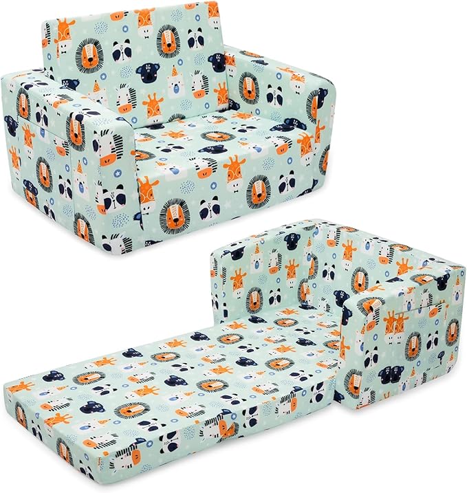 Kids Sofa, Comfy 2-in-1 Toddler Couch Fold Out, Convertible Sofa to Toddler Lounge Chair for Boys and Girls (Animal, Green)