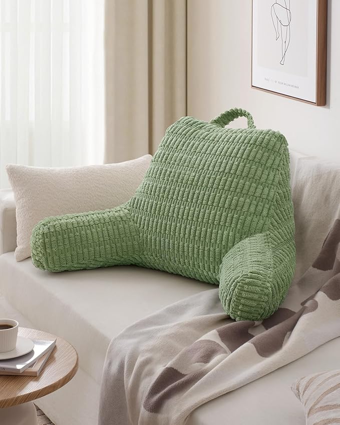 Blissful Diary Reading Pillow, Large Backrest Pillow with Shredded Memory Foam for Adult & Children, Designed for Bed and Couch Sitting Up, Includes Arms, Pockets and Washable Cover, Sage Green