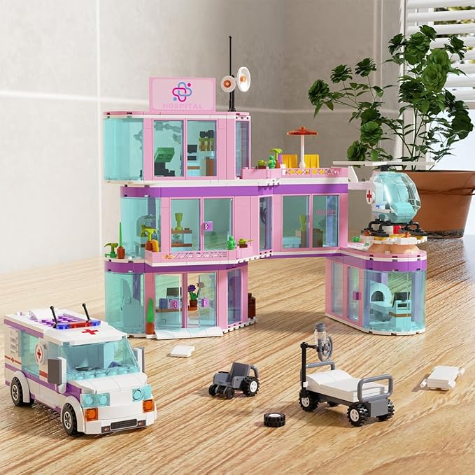 QLT QIAOLETONG Friends City Hospital Building Set, Ambulance Truck with Hospital Bed Wheelchair Playset Birthday, Gift for Boys Girls Kids 6+ Years Old-Compatible with Lego for Girls Age 8-12