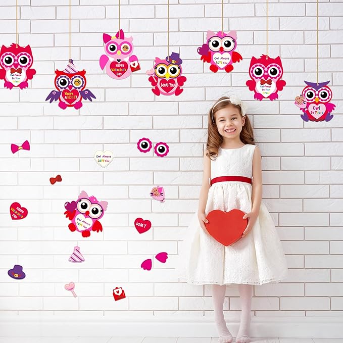 chiazllta 30 PCS Valentine's Day Craft Kits DIY Owl Craft for Kids Valentine's Heart Craft Make Your Own Owl Bulk Set for Home Classroom Game Activities