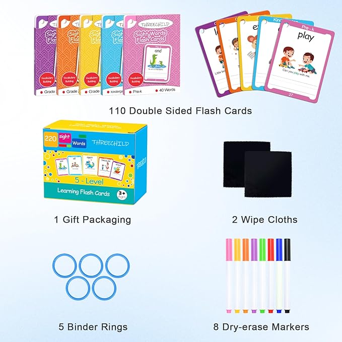Sight Words Flash Cards Kindergarten - 220 Dolch Sight Words for Pre K, Kindergarten, 1st, 2nd, 3rd Grade - Homeschool Essential Learning Tools - Vocabulary Builder Montessori Toy for Kids 3-5 4-8 5-7