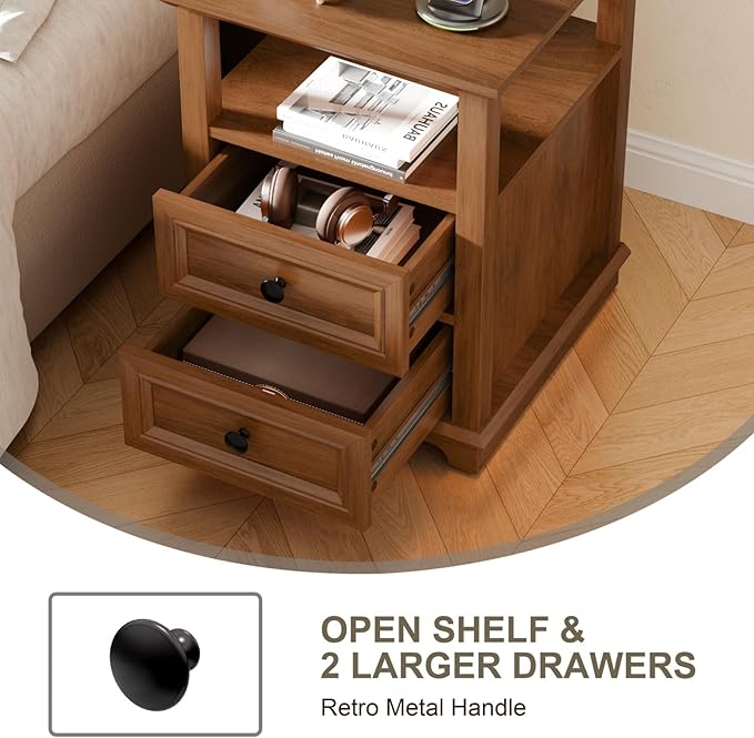 End Table with Fast USB C Charging Station, 18" Wide Tall Sofa Side Table with 2 Drawers, Large Storage Rustic Wood Square Storage Cabinet for Living Room,Bedroom,Office