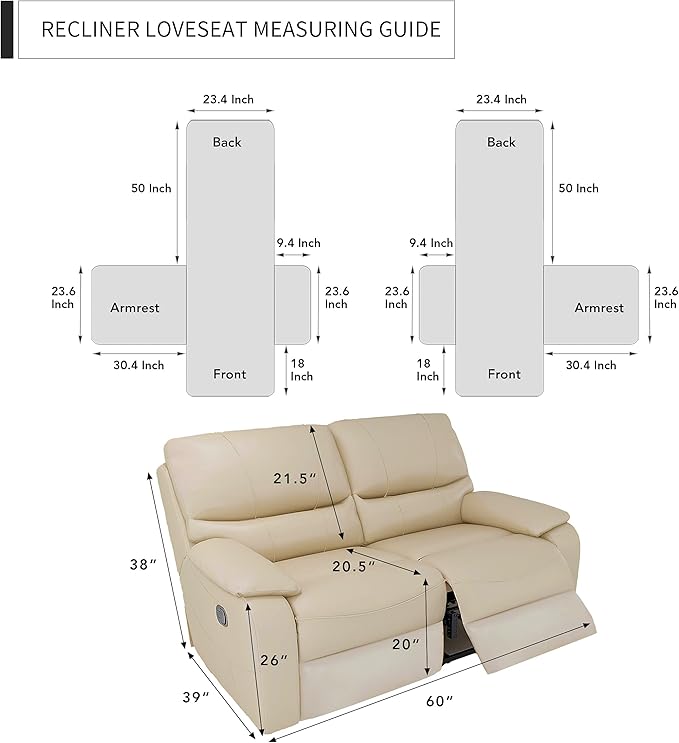 Easy-Going Loveseat Recliner Cover, Reversible Couch Cover for Double Recliner, Split Sofa Cover for Each Seat, Furniture Protector with Elastic Straps for Kids, Dogs, Pets(2 Seater, White/White)