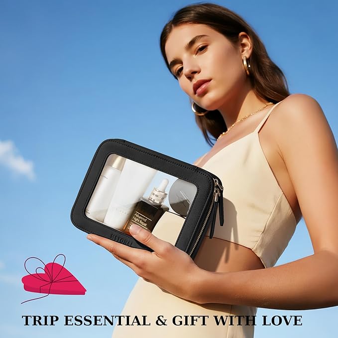 MSTONAL Clear Makeup Bag, Travel Toiletry Bag Cosmetic Case for Women, Waterproof Portable Make Up Skincare Pouch with Zipper, Compact Car Organizer Bag for Essentials, Medium Size, Black