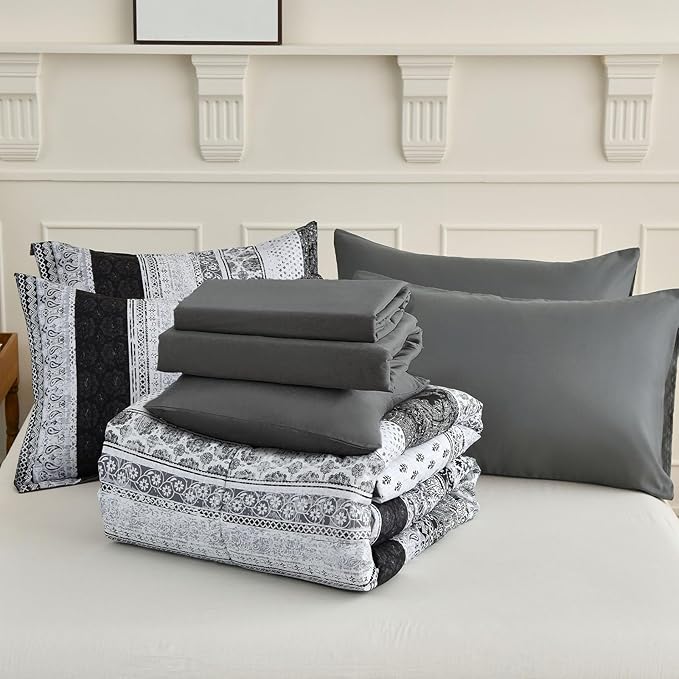 Cottolester Boho King Size Comforter Set 8 Pieces,Gray Bohemian Striped Bed in a Bag,Floral Soft Microfiber Bedding Comforter Set
