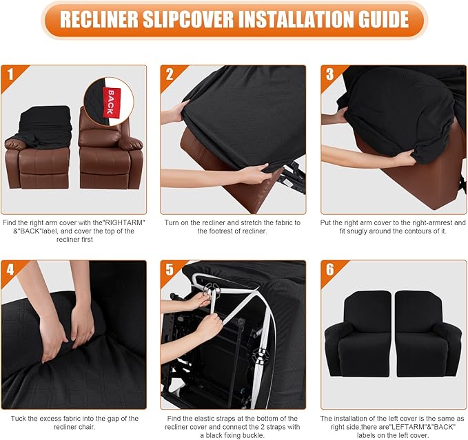 VANSOFY Recliner Cover, 2-Pieces Stretch Reclining Couch Cover with Pockets Loveseat Sofa Slipcovers Soft Washable Furniture Protector for Dogs Cats(Black)