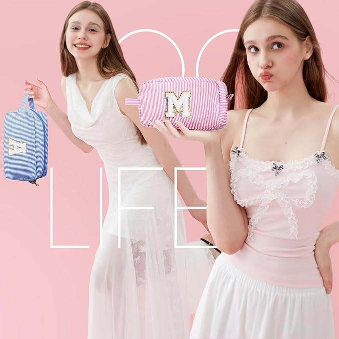 YOOLIFE Gifts for Women Teen Girls Kids - Initial Makeup Bag Cosmetic Bag Toiletry Pouch, Personalized Birthday Gifts for Women Girls Mom Daughter Sister Friends, Blue M