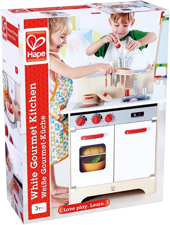 Hape Gourmet Kitchen Toy Fully Equipped Wooden Pretend Play Kitchen Set with Sink, Stove, Baking Oven, Cabinet, Turnable Knobs & Spice Shelf, Red
