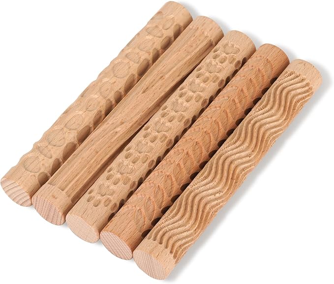 Set of 5 Wooden Handle Pottery Tools Clay Modeling Pattern Rollers Kit Brown (Set of 5)