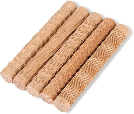 Set of 5 Wooden Handle Pottery Tools Clay Modeling Pattern Rollers Kit Brown (Set of 5)