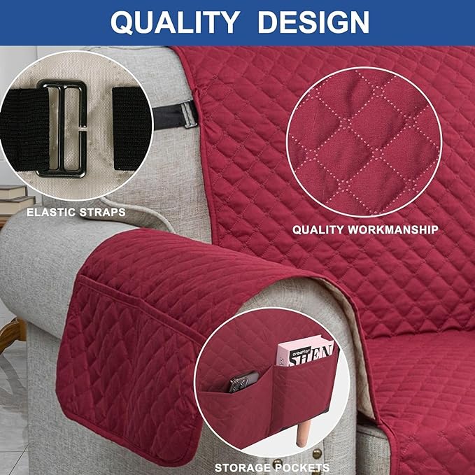 XINEAGE Loveseat Sofa Cover Waterproof Couch Covers for 2 Cushion Couch, Soft Washable Slipcover with Pockets & Non-Slip Elastic Straps, Thick Furniture Protector (Loveseat, Red)