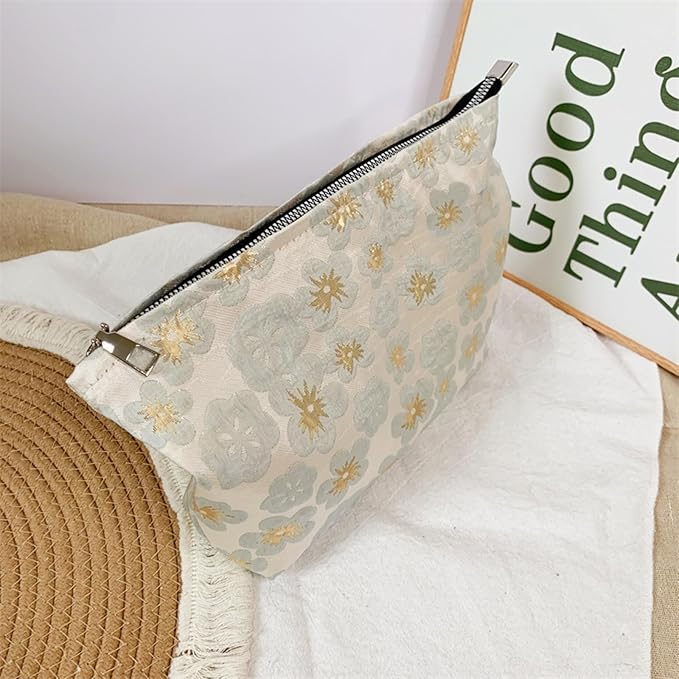 HAPPYHEIDI Aesthetic Floral Makeup Bag Cosmetic Travel Zipper Pouch,Purse Make Up Organizer, Textured Fabric,Canvas Lined,Beige Golden,Large