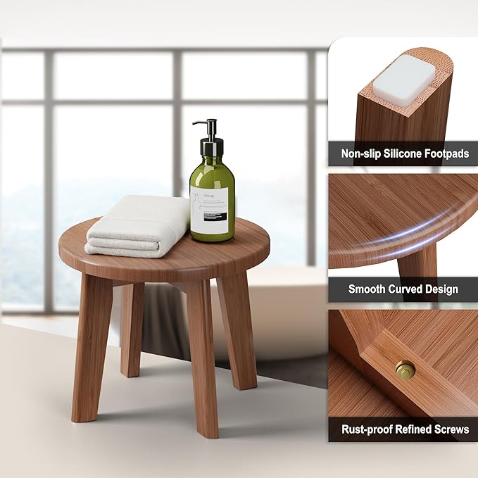 Wooden Step Stools for Kids,Small Portable Wood Stepping Stools Bamboo Shower Stool for Adults Sturdy Non-Slip Bench 300 lbs in Office Bathroom Kitchen Plant Stand 10inch (Round)