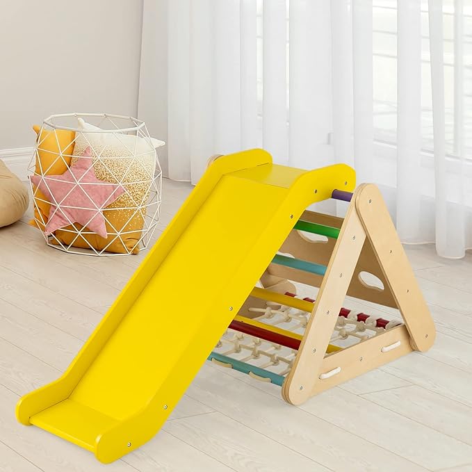 HONEY JOY 4-in-1 Triangle Climber with Ramp, 3-Side Kids Climbing Triangle Ladder with Net Rope & Bars, Wooden Montessori Climbing Toys for Toddlers Daycare, Gym & Playground, Gift for Boys Girls