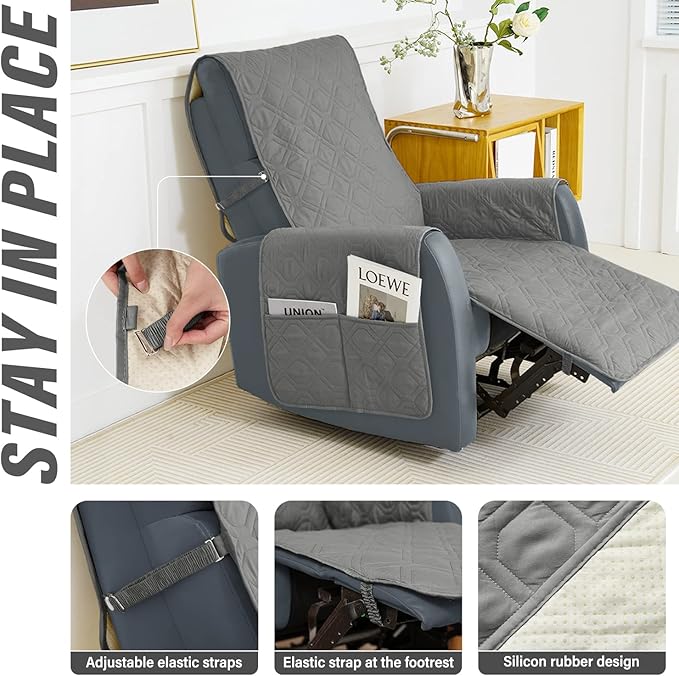 Recliner Chair Covers Sofa Slipcover Non-Slip Chair Couch Cover Machine Washable Furniture Protector with Straps for Dogs (Grey, 30inch Recliner)