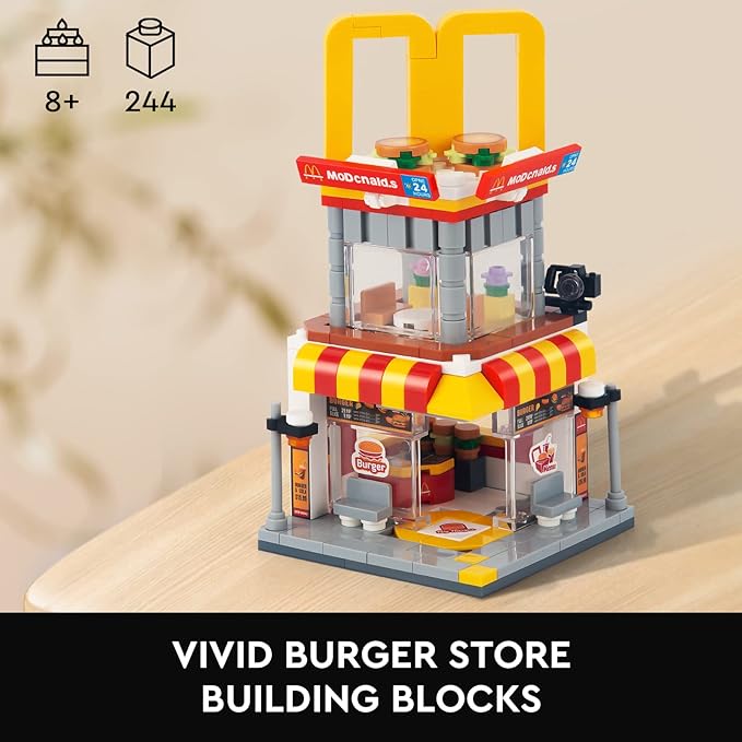 City Street View Burger Shop Building Set, MOC Creative Model Set Creative Model DIY Toys, Unique Home Decor, Ideas Birthday Holidays Toy Gift Kids Age 8+ (244PCS)
