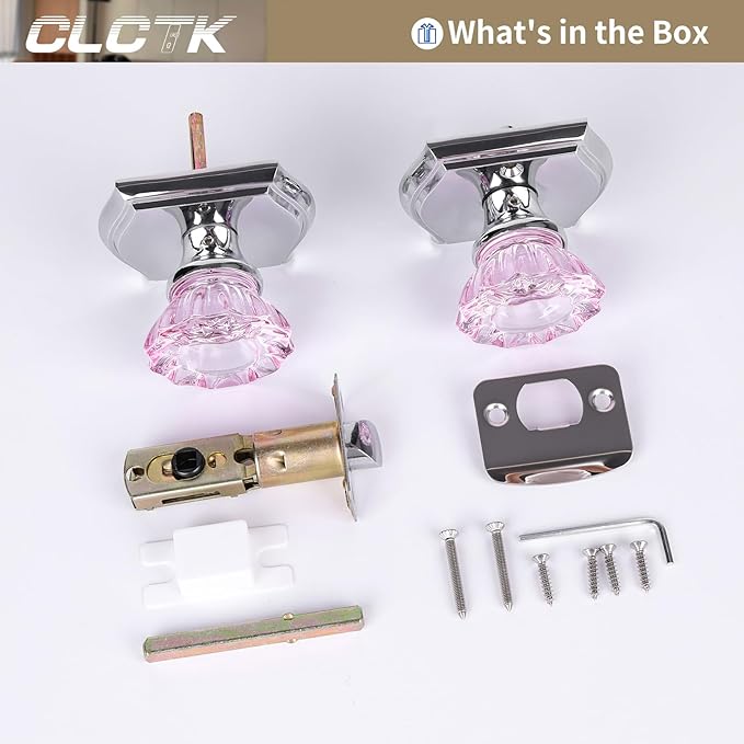 CLCTK Pink Glass Door Knobs Interior, Polished Chrome Crystal Passage Vintage Door Knobs for for Hall Closet