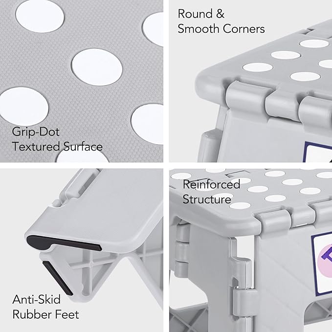 Delxo Folding Step Stool, 13 inch Non-Slip Foldable Stools for Kids & Adults Up to 300 LBS, Step Stool with Handle, Lightweight for Kitchen, Bathroom, Bedroom, Garden, Grey, 1PC