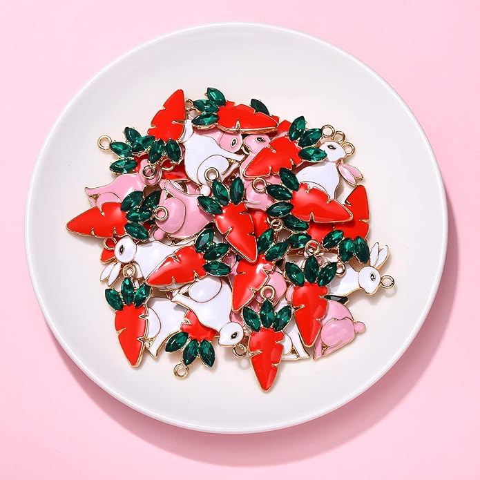 40PCS Easter Charms Enamel Bunny Carrot Egg Pendant Charms for Jewelry Making Cute Meatl Animal Rabbit Charms for Necklace Bracelet Earring Making DIY Crafts