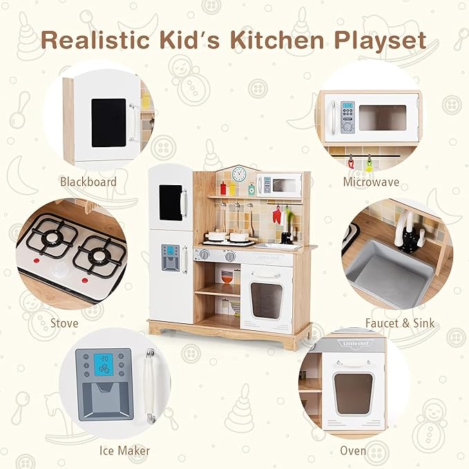 HOMGX Little Chef Toy Kitchen Set, Kids Kitchen Playset w/Microwave, Faucet, Stove, Realistic Light & Sound, Cookware Accessories, Toddlers Cooking Toyset, Gift for Boys Girls Age 3+