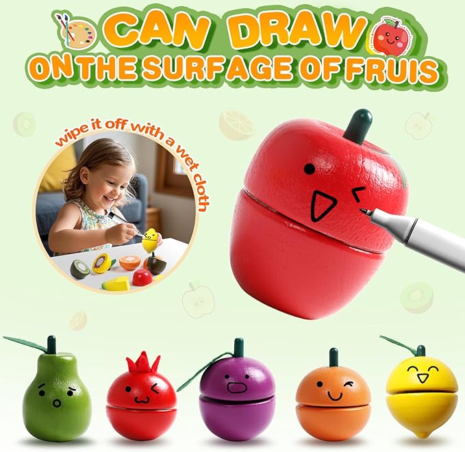 Fajiabao Wooden Play Food Set for Kids Kitchen Montessori Toddlers Toys 1-3 Pretend Cutting Fruit Educational Easter Birthday Gifts for Girls Boys 2 3 4 Year Old