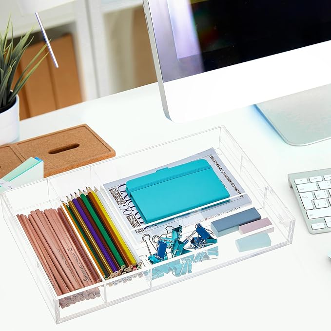 Briwooody 2 Pcs Acrylic Drawer Organizer 9'' up to 18'' x 15'' x 2'' Expandable Drawer Organizer Pens Notebook Ruler Makeup Tray with 7 Adjustable Compartments for Desk Office Kitchen Bathroom(Clear)
