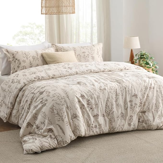 Bedsure Queen Comforter Set - Beige Bed Set, 3 Pieces Cute Floral Bedding, 1 Soft Botanical Flowers Comforter and 2 Pillow Shams