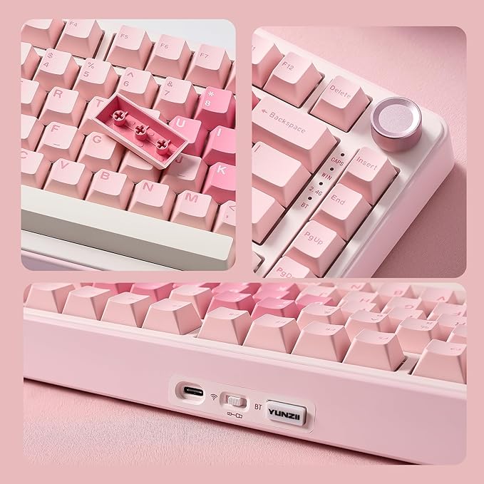 YUNZII B75 PRO Wireless Mechanical Keyboard,75% Layout with Knob,Hot Swap Gasket Custom Structure,Creamy Pre-lubed Switches,RGB Backlit,Bluetooth/Type-C/2.4G for Win/Mac(Cocoa Cream V2 Switch,Pink)