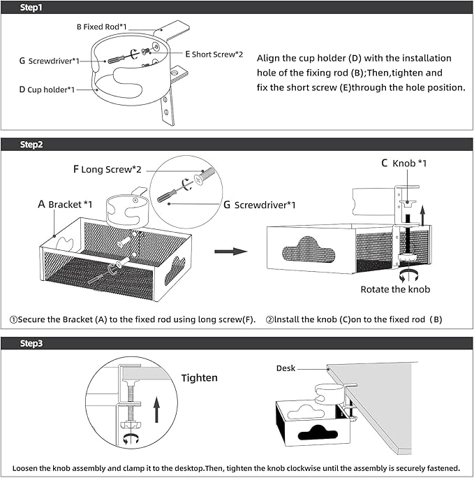 Desk Cup Holder with Drawer Organizer, Anti-Spill Clip-On Table Cup Hook with 360° Rotation Hidden Storage Box for Office Home Gaming Table (Black)
