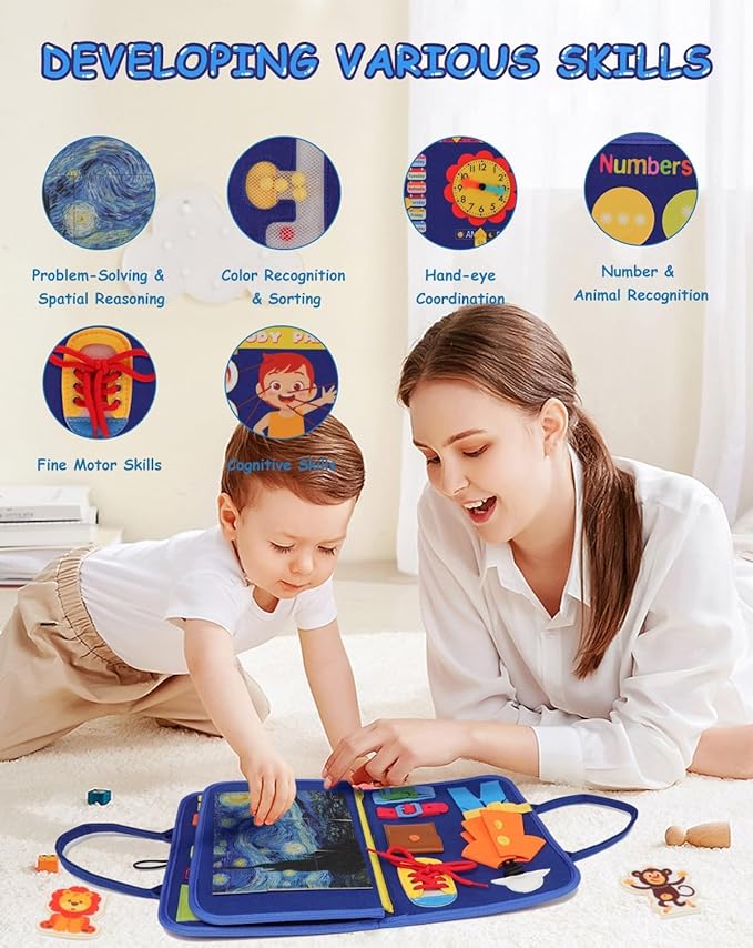 8 in 1 Busy Board for Toddlers 1 2 3 4 Busy Book Toddlers 1-3, Airplane Travel Essential Toys Games Road Trip Activities Book, Puzzles Game, Montessori Fine motor Skills Autism Toys(Dinosaur)