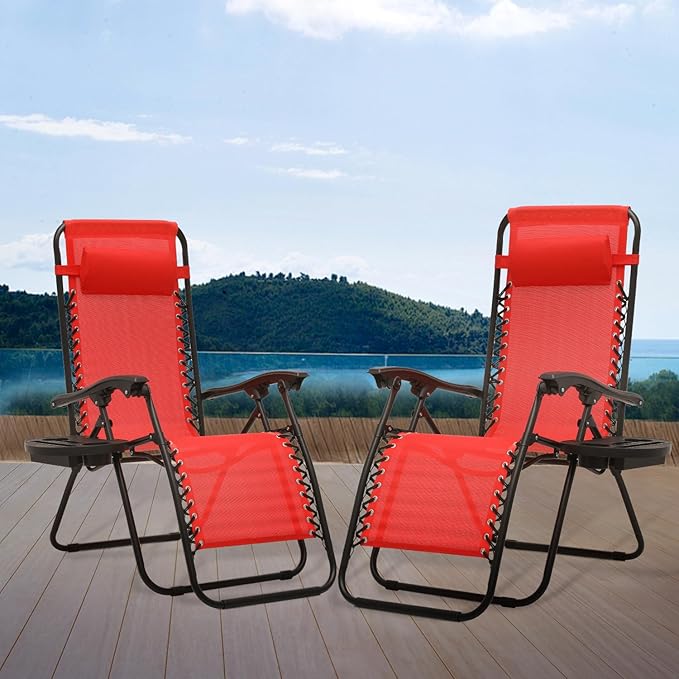 Athena Collection Zero Gravity Outdoor Lounge Chairs Set of 2, 25" Width Pool Lounge Lawn Chairs Reclining with Cup Holder, Outdoor Chaise for Beach Patio Backyard Outside, Red