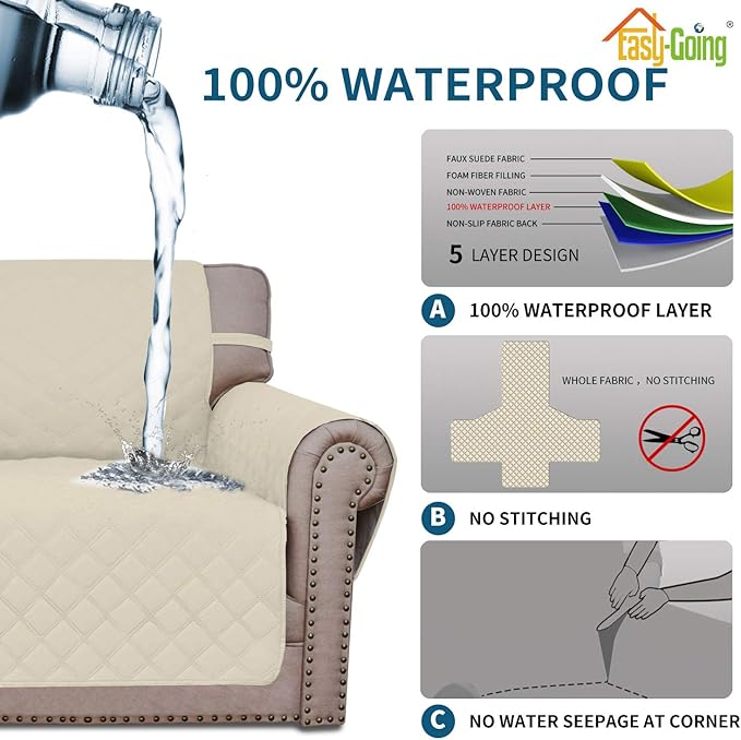 Easy-Going Sofa Slipcover Chair Cover Waterproof Couch Cover Washable Sofa Cover Non-Slip Fabric Furniture Protector with Pocket for Pets Covers Pets Kids Children Dog Cat (Chair, Ivory)