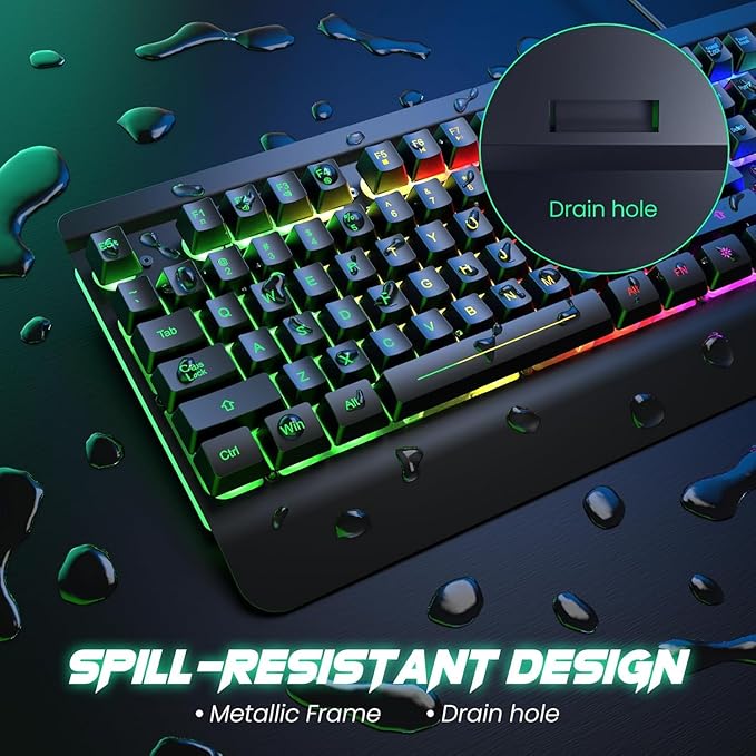 RisoPhy PC419 RGB Gaming Keyboard, 7 Single Color Backlits, 104 Keys Metal Panel, Silent Keys, Wrist Rest, Full Size Waterproof Light Up for PC Laptop Mac Gamer
