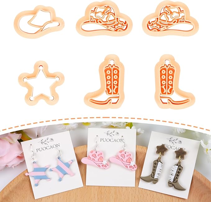 Puocaon Cowgirl Polymer Clay Cutters - 6 Pcs Clay Cutters for Polymer Clay Jewelry, Spot Cowboy Hat Shape Polymer Clay Earring Cutters, Star Clay Jewelry Cutters, Desert Boot Clay Cutters Set