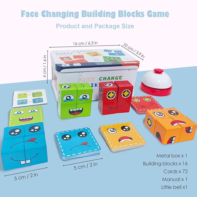 Face Changing Building Blocks Game, Wooden Expression of Face Change Magic Cube Educational Puzzles Toy Fidget Toys Cube Mini Board Game for Kids and Adults with 72 Cards (Large)