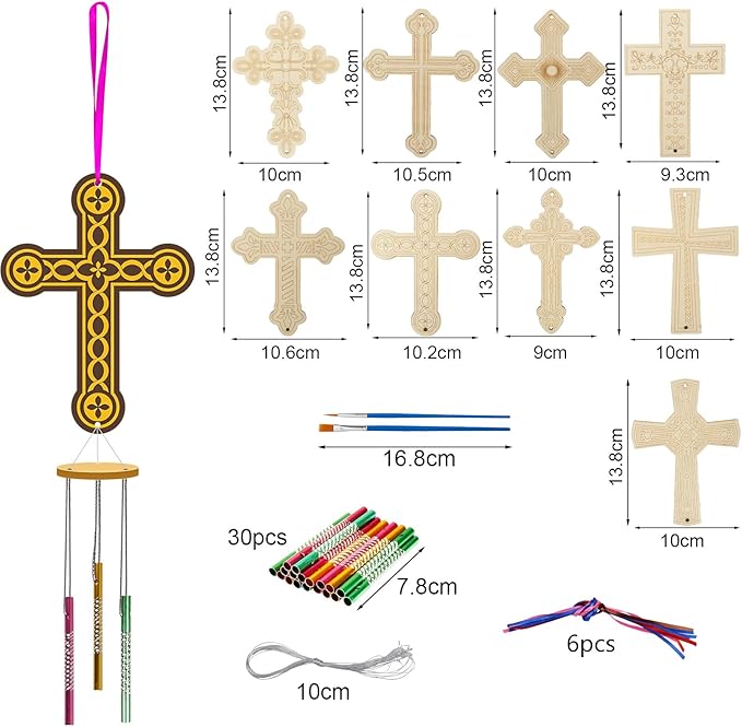Fennoral 9 Pack Cross Wind Chime Kit for Kids Make You Own Sunday School Craft for Girls Boys DIY Coloring Wooden Christian Crafts for Religious Art Party Decoration Birthday Gift