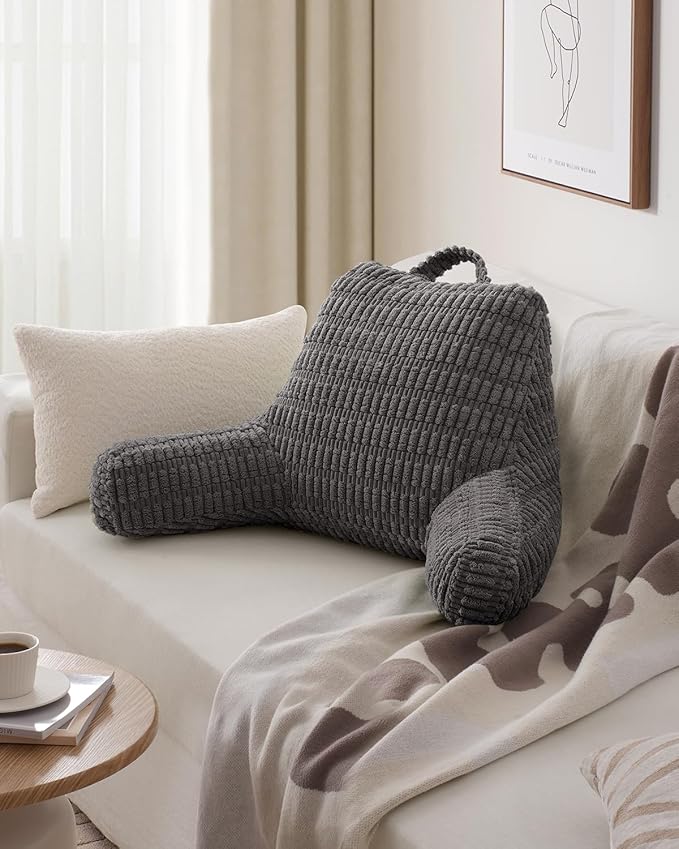 Blissful Diary Reading Pillow, Backrest Pillow with Shredded Memory Foam for Adult & Children, Designed for Bed and Couch Sitting Up, Includes Arms, Pockets and Washable Cover, Dark Gray